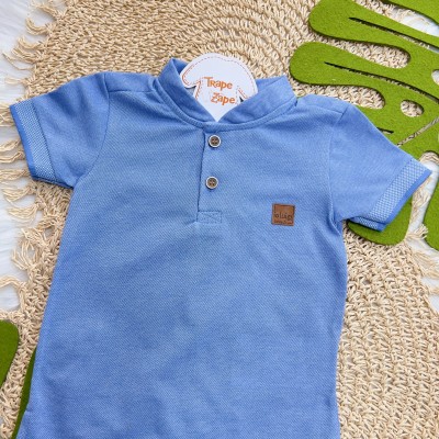  Conj. Camiseta com Botões e Short Listrado - Azul e Areia